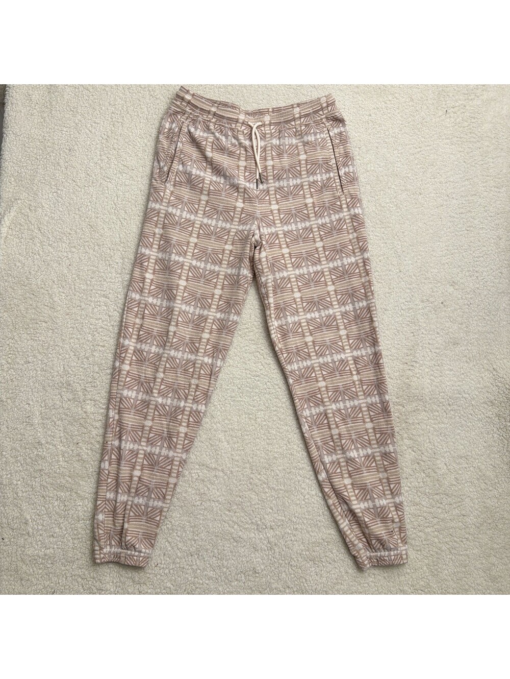 Patagonia Fleece Joggers Womens M Tan Print Sweatpants Drawcord Snap-T Style